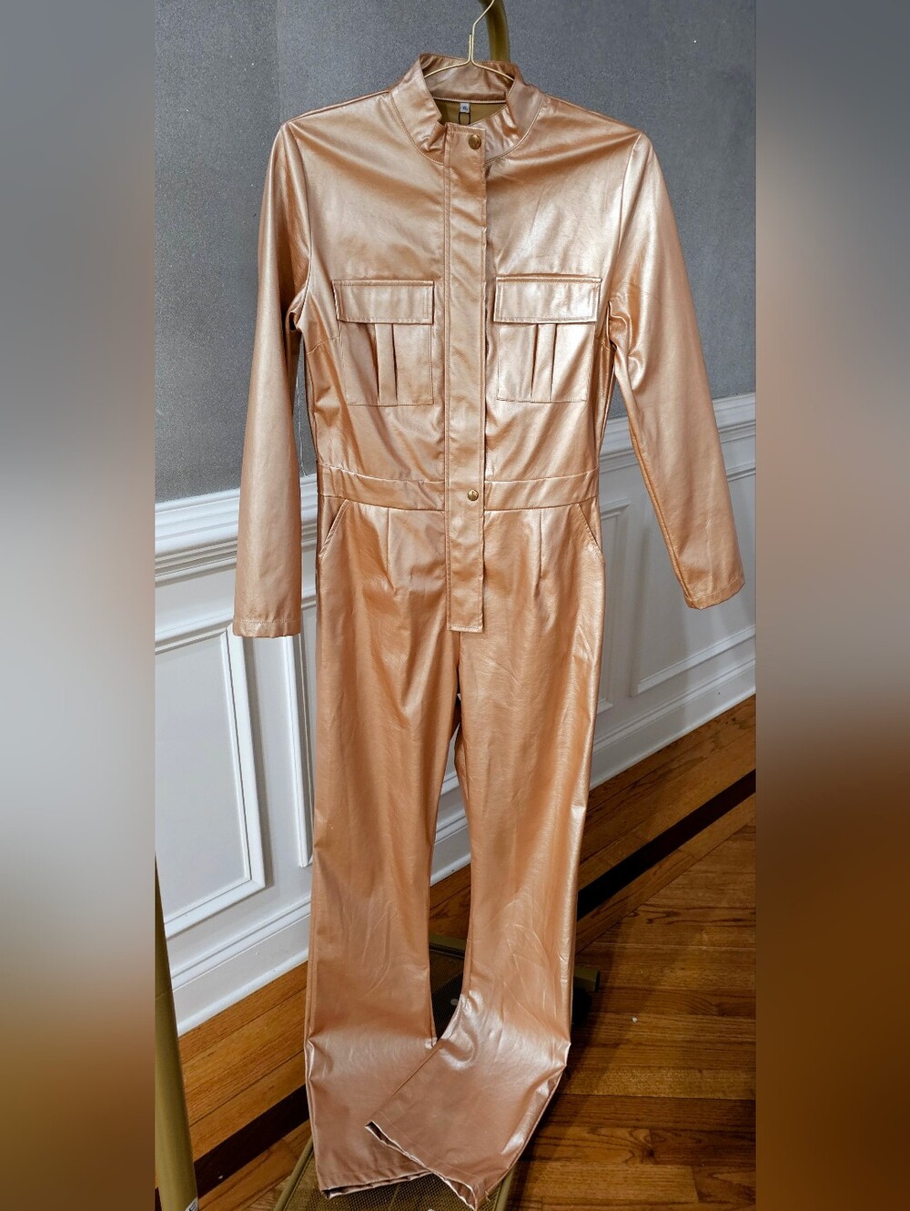 Chic Rosegold High Neck Long Sleeves Latex Jumpsuit. - Picture 1 of 15